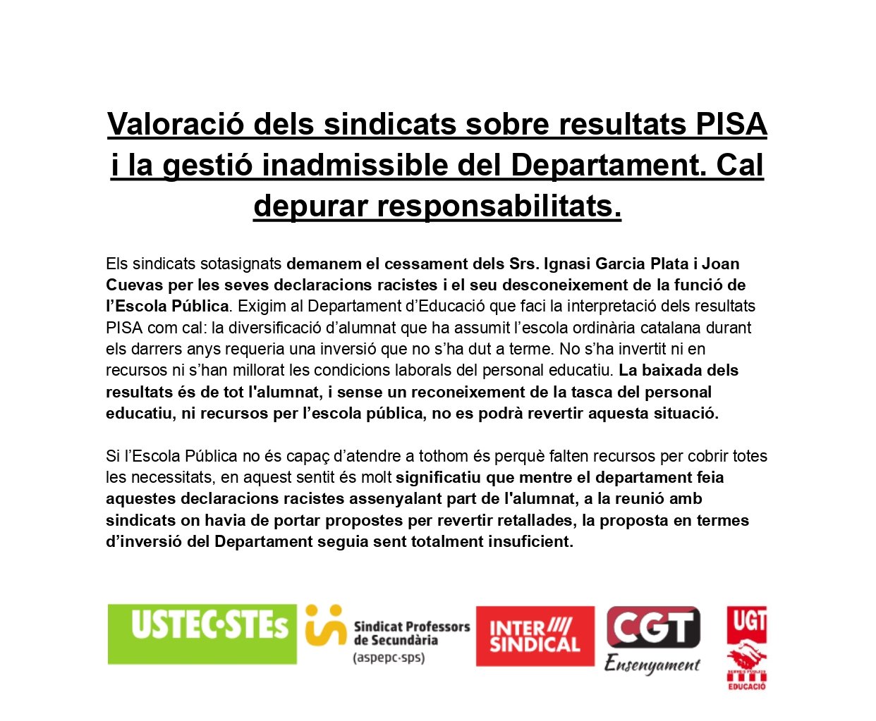 valoracio sindicats resultats pisa